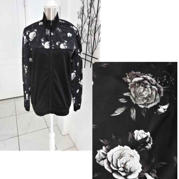 GUESS Black Grey White Rose Print Full Front Zip Track Jacket S Small - Picture 1 of 13